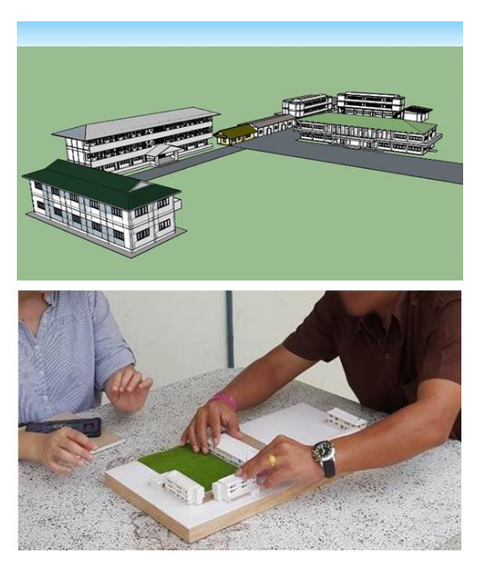 Fig.3 The 3D model and the staff of the Center of Quality of Life Improvement for Disabled trying to touch a cardboard model